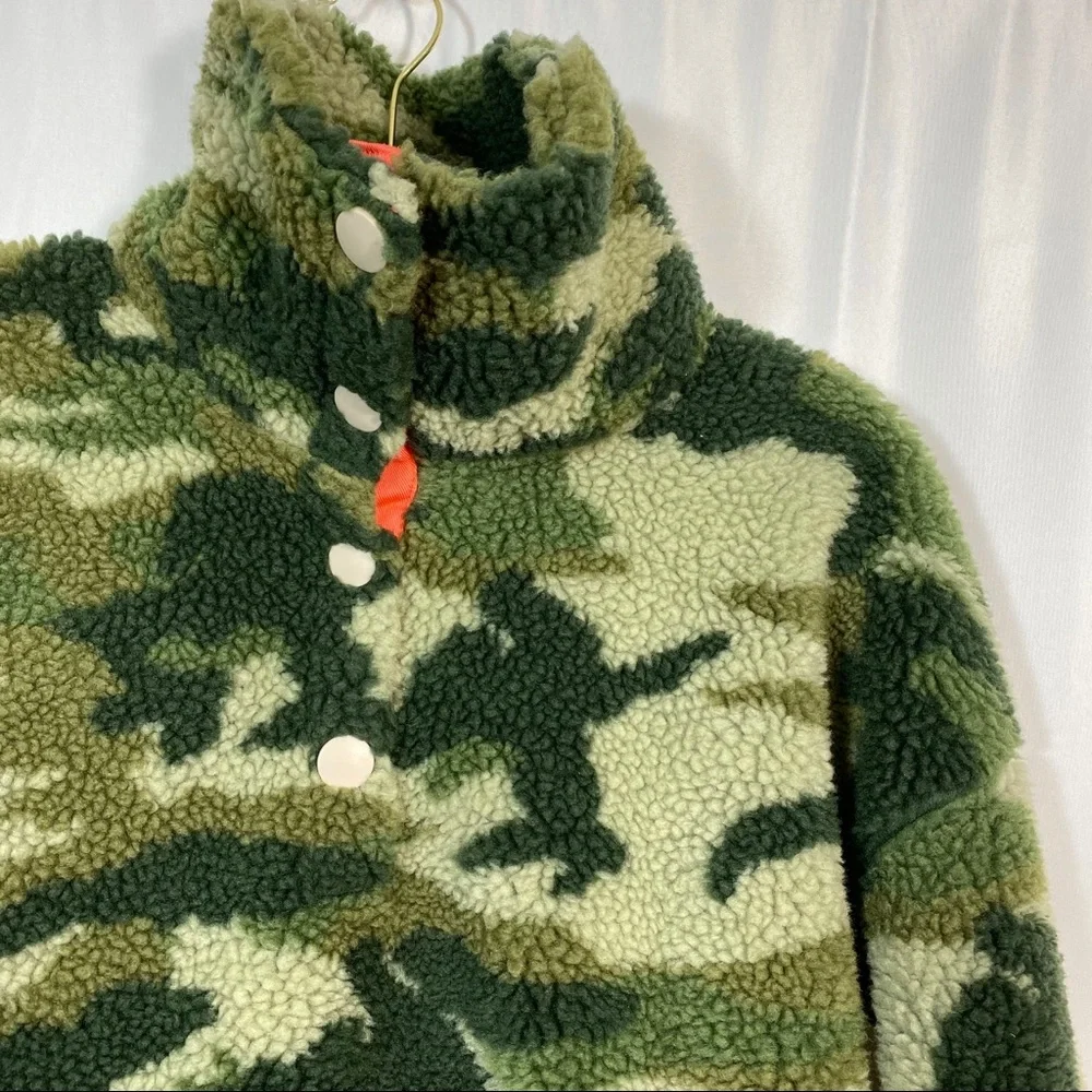 J. Crew Vintage Sherpa Fleece Pullover Jacket Camo Camouflage Olive Army Green